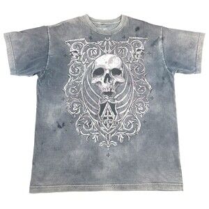 Vintage Y2K Affliction Skull Fade Grunge Biker Gray T Shirt Distressed Mens L